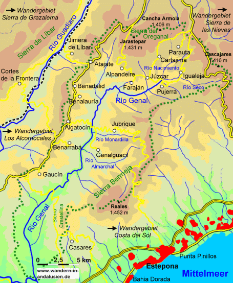 Übersichtskarte des Wandesgebietes Tal des Río Genal (Andalusien)